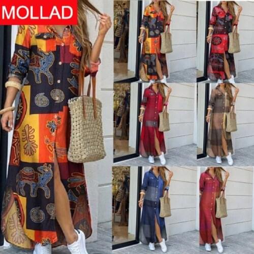 European and American Womens Clothing Autumn and Winter Printing Single-Breasted Maxi Dress Women Long Dresses