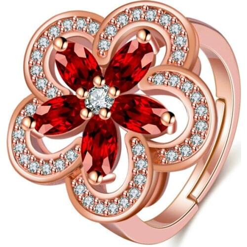 Fashion Jewelry Elegant Rose Gold Red Crystal Flower Shaped Hollow Out Open Loop Personality Female Fashion Romantic Gift