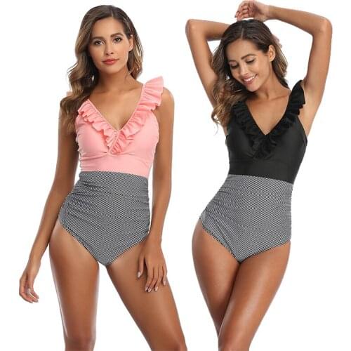 2021 New Sexy Female Retro V Neck Striped Patchwork Swimsuit One Piece Ruffle Push Up Padded High Waist Swimwear Women Monokini