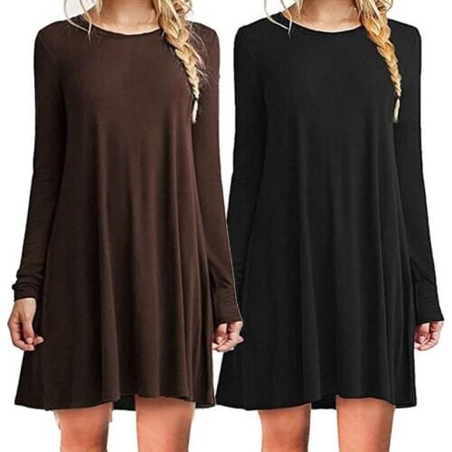 Womens Plus Size Long Sleeve Loose Midi Long T-Shirt Dress Solid Color Casual Pleated Swing Round Neck Pullover Streetwear S-2XL