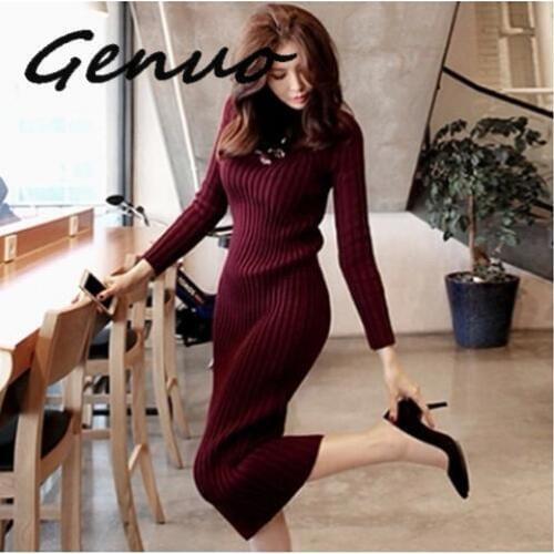 Genuo Sweater Dress Knitted Woman Sweaters Dresses Warm Winter Long Sleeve Sexy Slim Female Pullovers Turtleneck Maxi Elegant
