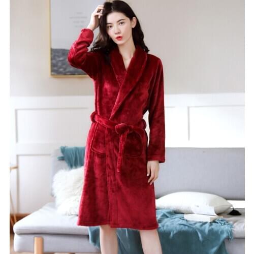 Winter Wine Red Pyjamas Sleepwear Bath Robe Women Flannel Bathrobe Coral Fleece Pajamas hombre Night Dressing Gown Bride Robe
