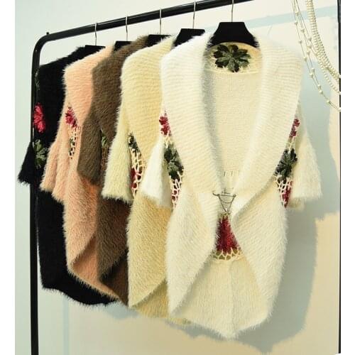 Winter women mohair knitted cargidans lady 3/4 sleeve embroidery flower sweaters women crochet flower cargidans sweaters