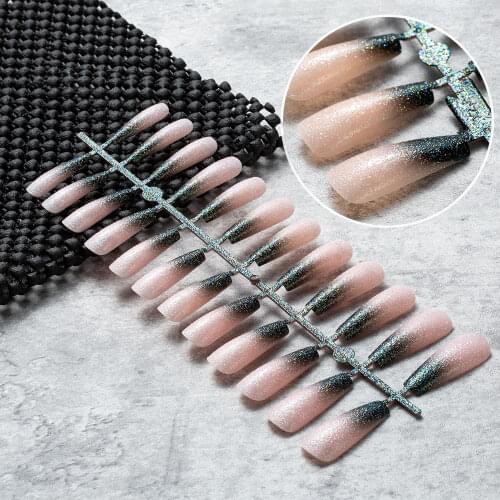 1pcs Black Gradient Coffin Nail Art Tips Shimmer Ballerina Press on False Nails Trapezoidal Manicure Extension Fingernails Decor
