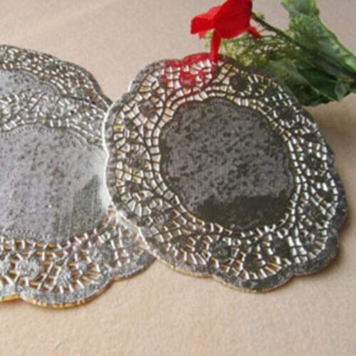 100pcs 6.5"7.5"8.5"10.5"12" Romantic Silver Embossed Round Paper doily Cake Doilies Paper Disposable Party Tableware Doilies