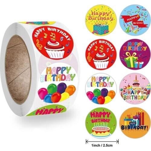 500Pcs/Roll 8 Styles Happy Birthday Round Stickers Party Gift Packaging Seal Labels for Scrapbooking Cards Decoration