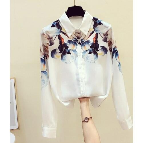Blusas Hot Sale Polyester Regular None Full Korean Blouse 2020 New Womens Shirt Lapel Large Size Long-sleeved Print Retro