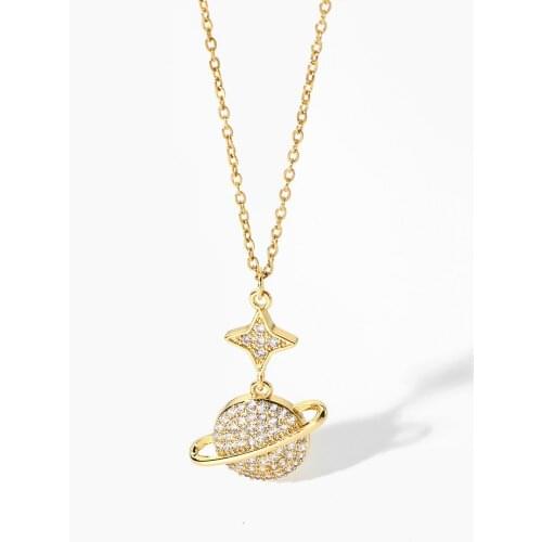 Stainless Steel Chain Cooper Planet Star Zircon Pendant Necklace For Women Statement Choker Necklace