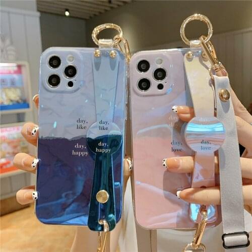 Cross Shoulder Strap Gradient Blue Pink Phone Case For iPhone 12 11 Pro XS Max XR X 7 8 Plus SE 2020 Necklace Lanyard Soft Cover