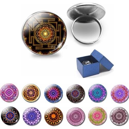 Yoga Mandala Ring Glass Dome Silvercolor Ring Vintage Buddhist Chakra Henna Woman Jewelry Ring Accessories Featured Jewelry Gift