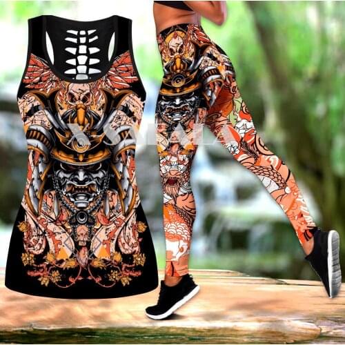 Samurai Tattoo Art Legings Two Piece Yoga Set Women 3D Print Vest Hollow Out Tank Top High Waist Legging Summer Casual Sport-2