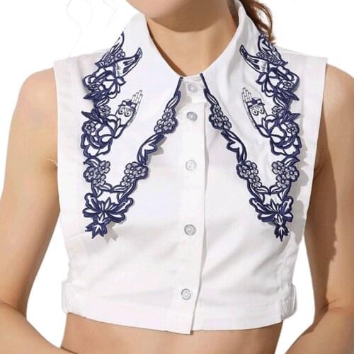 Korean Ladies Embroidery Floral Lapel Fake Collar Button Down Detachable Half Shirt Blouse Sweater Decorative Clothing