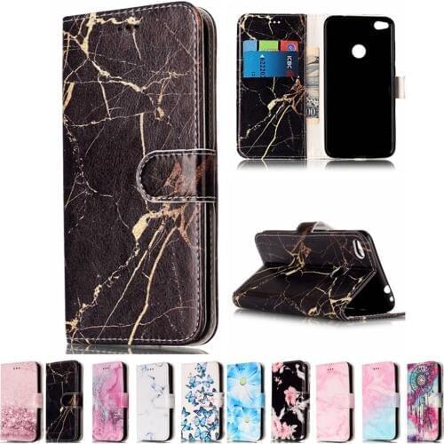 Sunjolly Marble Butterfly Leather Phone Case Flip Stand Holder Card Slot Wallet Cover coque fundas capa for Huawei P8 Lite 2017