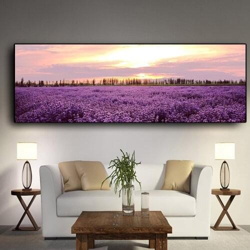 Lavender Sunset Nordic Landscape Posters and Prints Canvas Painting Flower Scandinavian Wall Art Picture for Living Room Decor