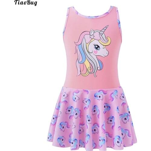 TiaoBug Summer Pink Kids Girls One-Piece Swimwear Round Neck Sleeveless Cartoon Horse Print Swimming Dress With Built-In Briefs