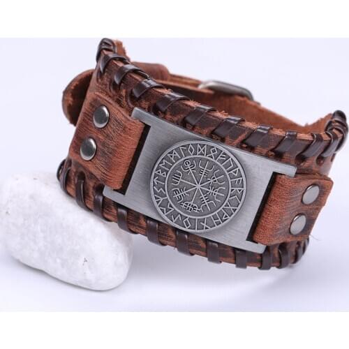 Likgreat Viking Vegvisir Compass Odin Runes Pendants Bangle Nordic Charm Bracelets for Men Black Brown Leather Bracelet Jewelry
