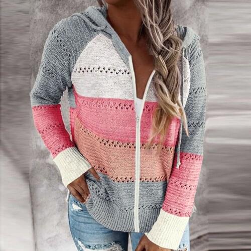 Fashion Women Casual Color Block Patchwork Long Sleeves Knitting Hooded Sweater Cardigan Blouse Tops Loose Thin Zipper Hoodie