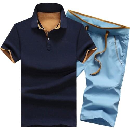 Men Set Casual Summer Solid Slim Fit Tracksuit Male 2PC Poloshirts + Shorts Sets Mens Drawstring Elastic Sportsuit Knee Length