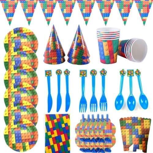 Building Blocks Theme Disposable Tableware Set Paper Cups Plates Tablecloth Baby Shower Birthday Party Supplies Decoration