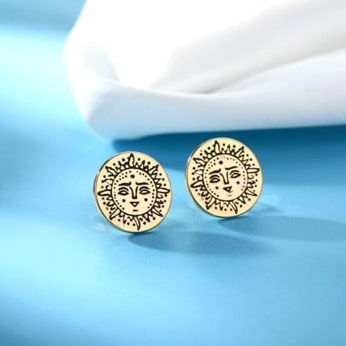 Stainless Steel Face Goth Earrings Round Sun Moon Stud Earrings For Women Girls Vintage Female Jewelry Gifts Brincos