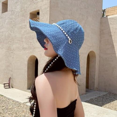 New Summer Bucket Hat For Women Denim Blue Pearl Chain Large Brim Sun Hats Outdoor Vacation Travel Hepburn Style Fashion Caps