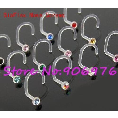Clear BioFlex Nose Screws with Bezel Set 2mm Gem Nose Ring Stud UV Acrylic Flexible 12 colors in stock Body Piercing Jewelry