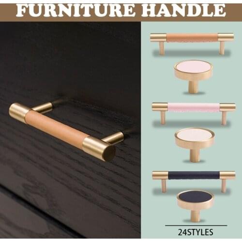 Nordic Style Simple PU Leather + Brass Door Drawer Double Hole Cabinet Handle Kitchen Cupboard Door Pulls Furniture Handle