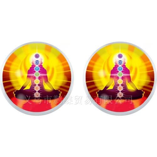 7 Chakra Reiki Healing Stud Earrings Buddha Yoga Meditation Spiritual Om Symbol Hope 12mm Glass Dome Earrings Jewelry For Women