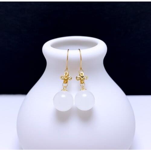 SHILOVEM 18k yellow gold real Natural white Jasper drop earrings classic fine Jewelry women wedding gift new 10mm yze10102254hby