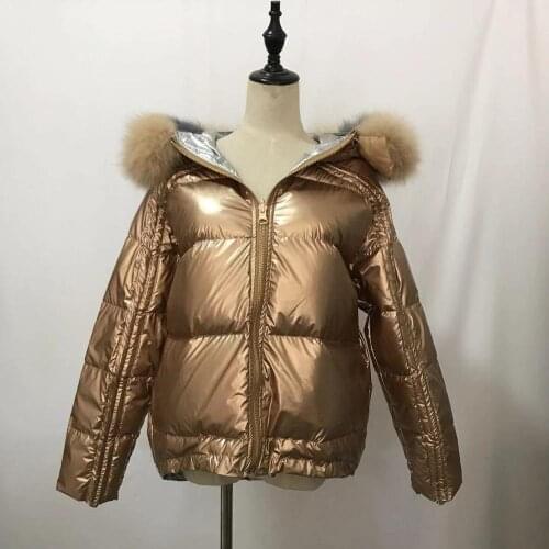 Natural fox fur collar loose short down coat with fox fur hood duck winter jacket parka