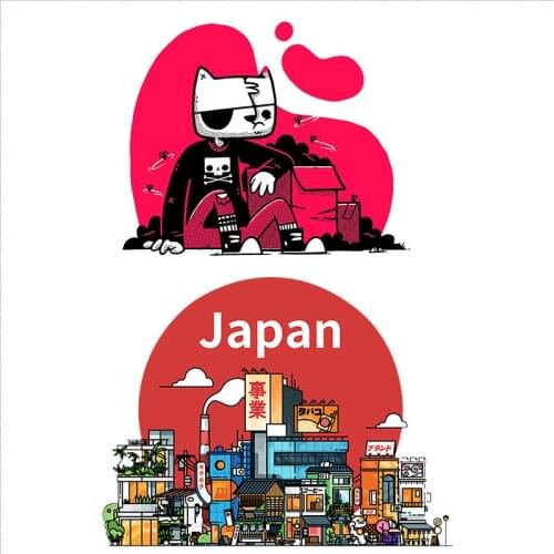 Romantic comic cat Clothing patch Iron-on Japanese architecture Heat transfer for clothing thermo-stickers for children