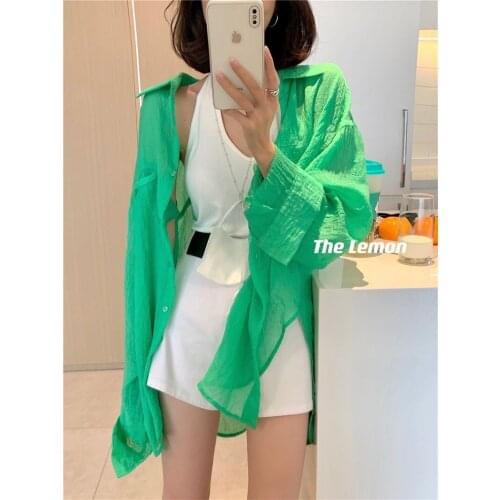 Thin The lemon breathable sunscreen shirt for women 2021 summer new Lapel Korean loose shirt for women