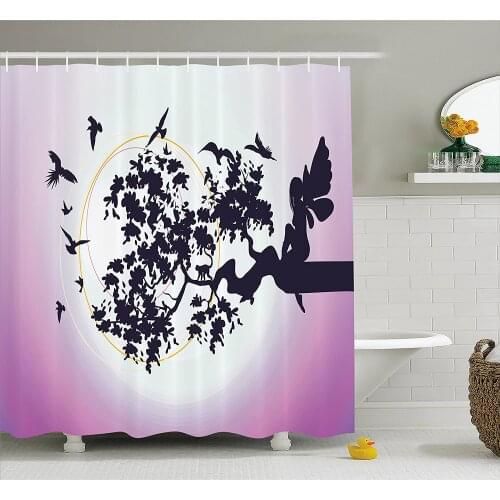Anime Shower Curtain Fantasy Fairy Silhouette Sitting on The Branch of Tree with Flying Birds Home Decoration Bathroom Curtains