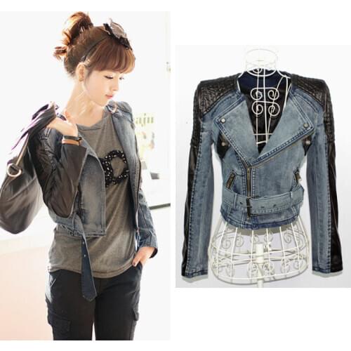 Women Denim Jacket Long Sleeve PU Stitching Jacket Slim Motorcycle Denim Jacket Outwear Jean Coat Female Blue Jeans