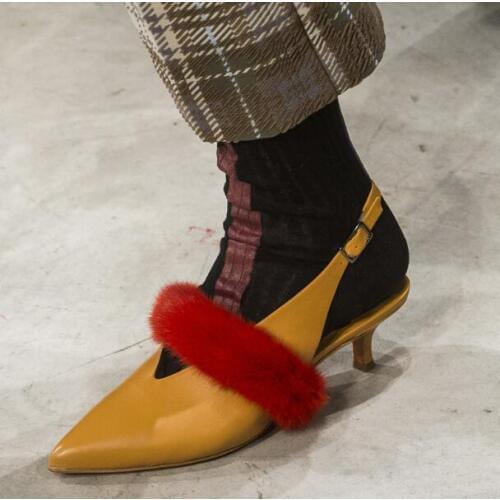 2018 Latest Brand Women Solid Python Slingback Pointed Toe V-shape Fur 50 mm Med Stiletto Heels Mules Comfortable Sandals Lady