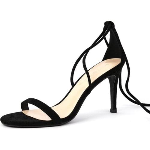 Women Sandals Women High Heels Sandals Summer Shoes women sandals Flock Lace Up 8.5CM Thin High Heels Round Toe Shallow black