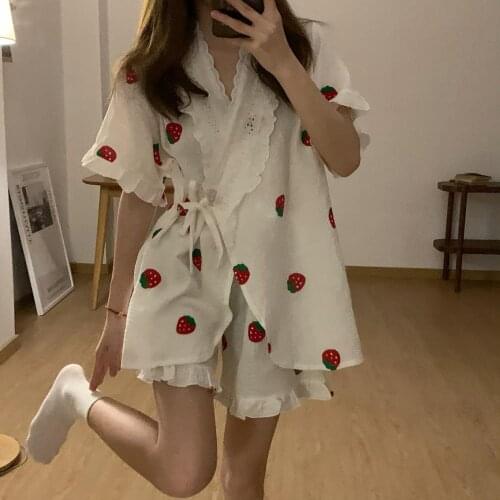 Strawberry Print Summer Pajamas Set Women V-Neck Short Sleeve Caual Cotton Home Suit Korean Shirts + Shorts Set Two Piece