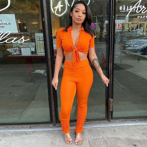 Womens Tracksuit Casual Turn Down Collar Short Sleeve Crop Top and Stacked Sweatpant Jogger Ribbed Knitted Two Piece Outfits