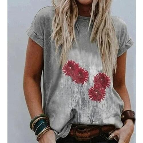 40# Harajuku Shirts Womens Flora Printed Plus Size Vintage Tee Top Short Sleeve O-neck Pullover Summer Shirt Блузка Женская