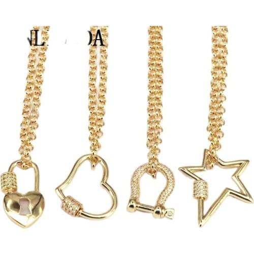5Pcs, Fashion Star Heart Lock Necklace For Women Crystal Gold Chain Screw Clasp Carabiner Necklace Pendant Punk Jewelry