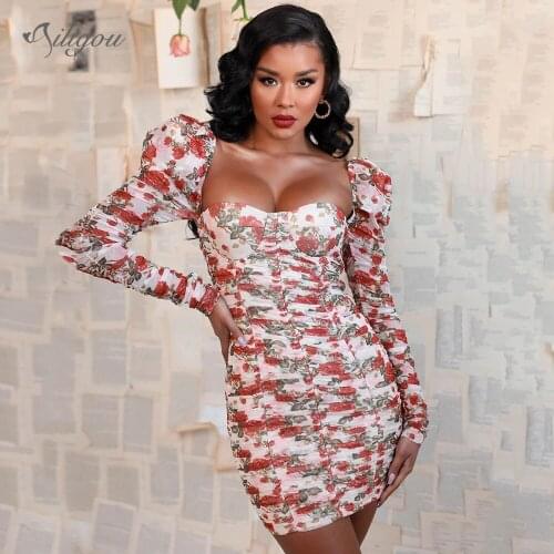 Ailigou Womens Fashion and Elegant Pleated Mesh Print Gauge Sexy Long Sleeve Celebrity Party Club Mini Bandage Dress Vestidos