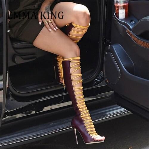 Summer Women Lace Up Strappy Gladiator Sandals Sexy Peep Toe Back Zipper Knee High Boots 12cm Thin High Heels Party Club Sandals