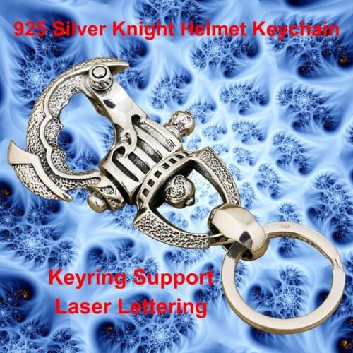 Punk Retro Fashion Waist Pendant Solid 925 Sterling Silver Cool Knight Individuality Helmet Keychain Keyring 8J018