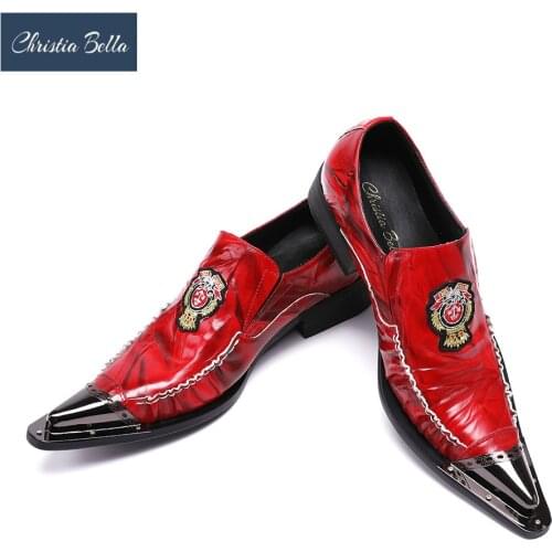 Christia Bella Brand Fashion Men Oxford Shoe Genuine Leather Metal Toe Red Wedding Dress Shoes Plus Size Party Male Formal Shoes
