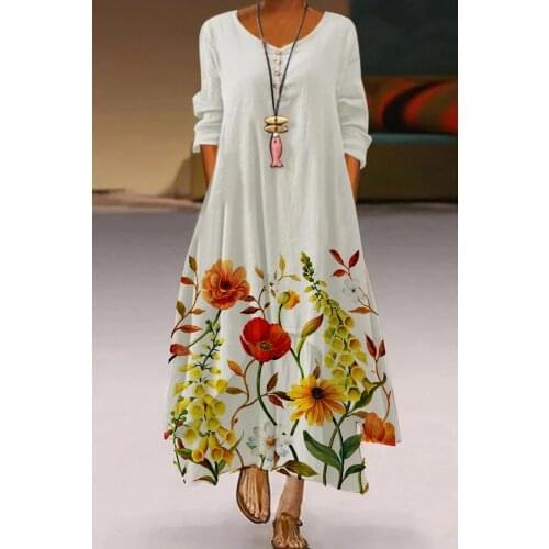 Floral Print Elegant Ladies Dress Slim Fit High Waist Long Sleeve Dress Women Fashion V-Neck Flowers Boho Beachwear Sexy Dresses