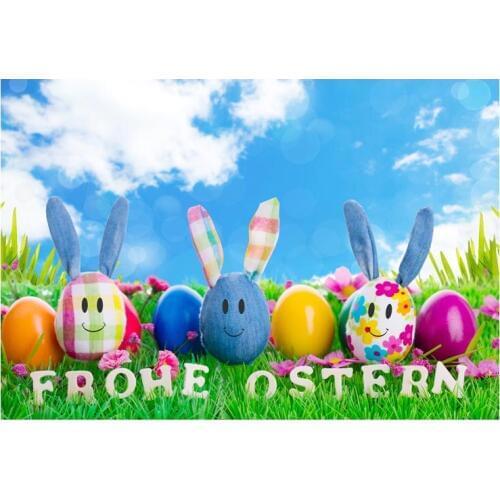 Real Background Happy Easter Eggs Fabirc Easter Egg Rabbit Ears Grass Lawn Flowers Sky Children Background Photography a Photo