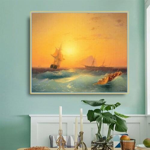 Citon Canvas Oil Painting Ivan Aivazovsky《American Shipping off the Rock of Gibraltar》Artwork Picture Wall Decor Home Decoration