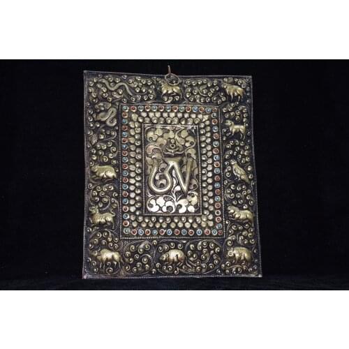 16"Tibet Temple Collection Old Bronze mosaic Gem Zodiac animals Buddhist symbols Thangka Yuncheng Hang screen Ornaments