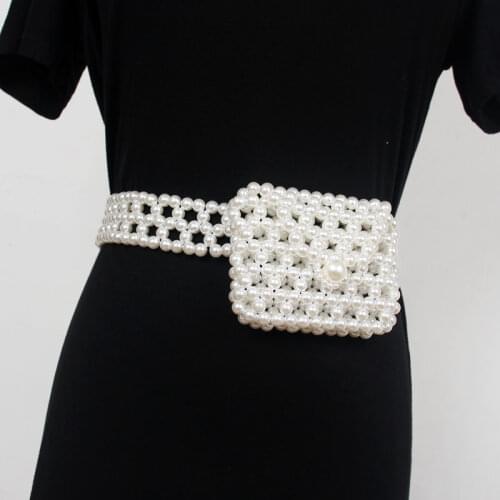 Mini Pearl Waist Belt for Women Cute Coin Fanny Packs Handmade Elastic Pearl Wide Waistband Wiast Belt Bag 2021 Girls Purse Bag