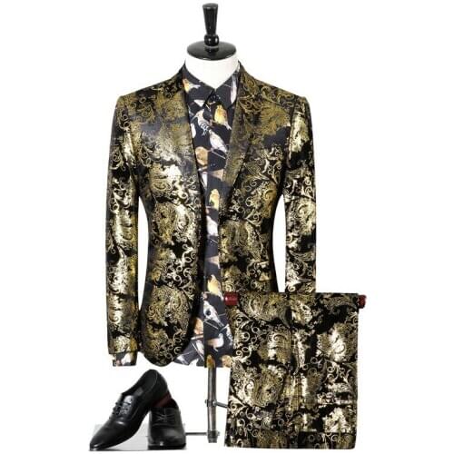 Fashion Mens Suit Local Tyrant Golden Dragon Robe Suit Wedding Bridegroom Master of Ceremonies Stage Performance Dress